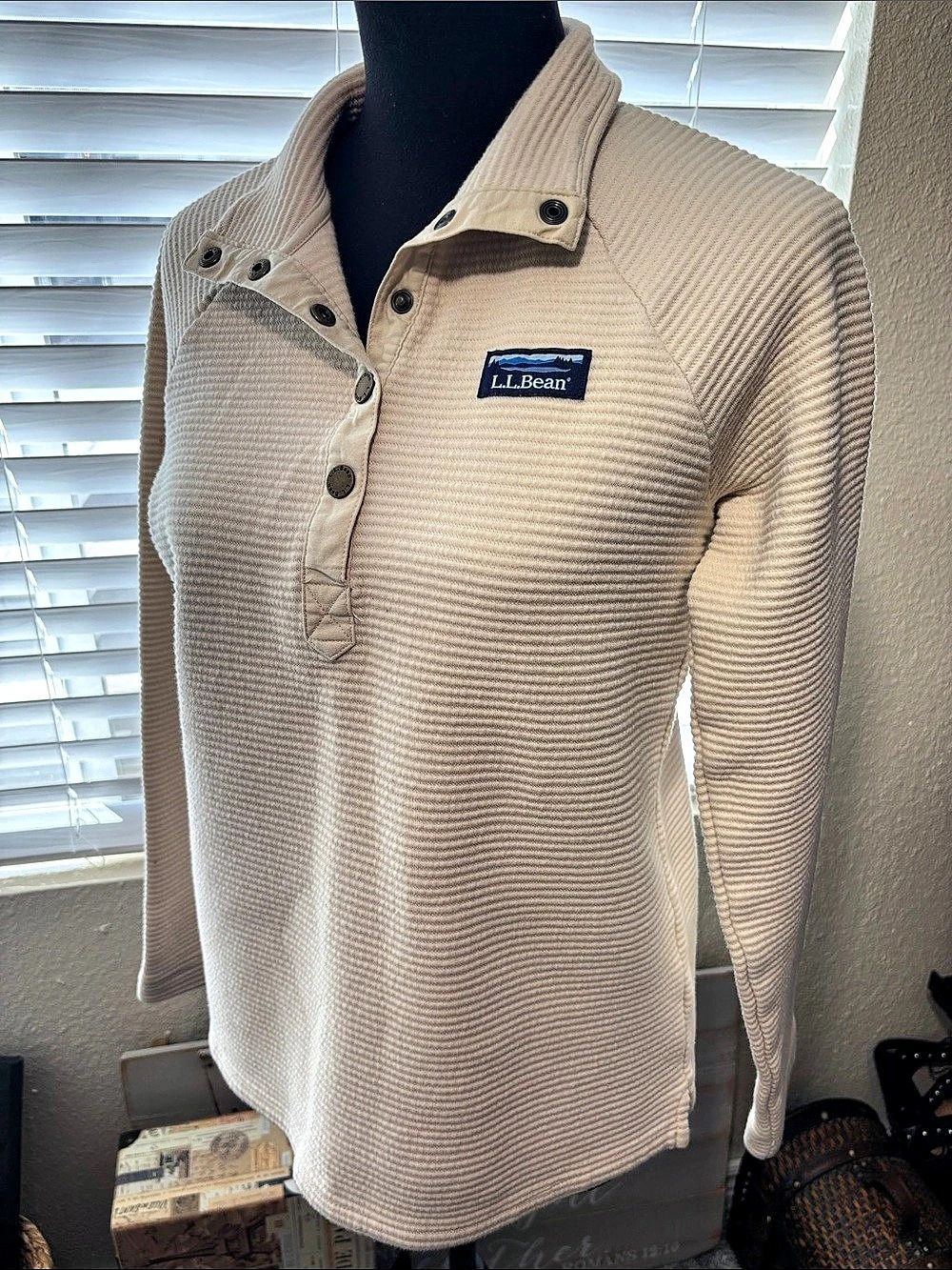 L.L.Bean Lakewashed Double-Knit Quarter-Snap Pullover Cream Sweater